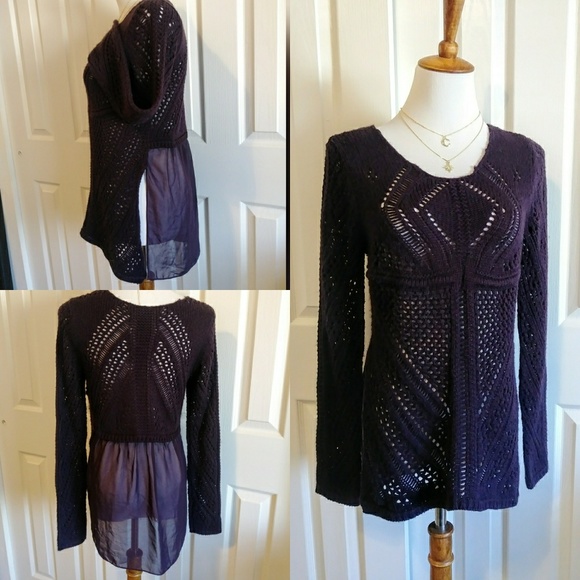 Anthropologie boho purple knit sheer back sweater - Picture 1 of 8